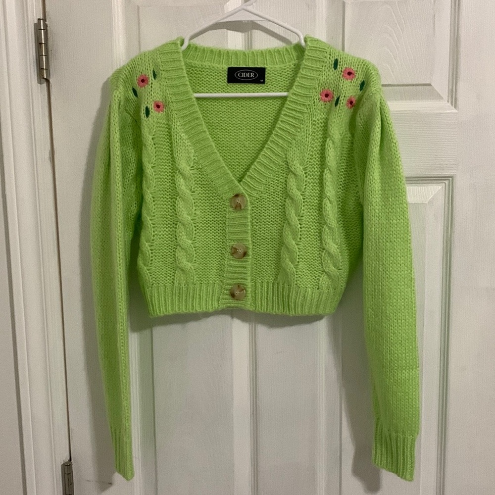 Green cardigan with floral shoulder detail